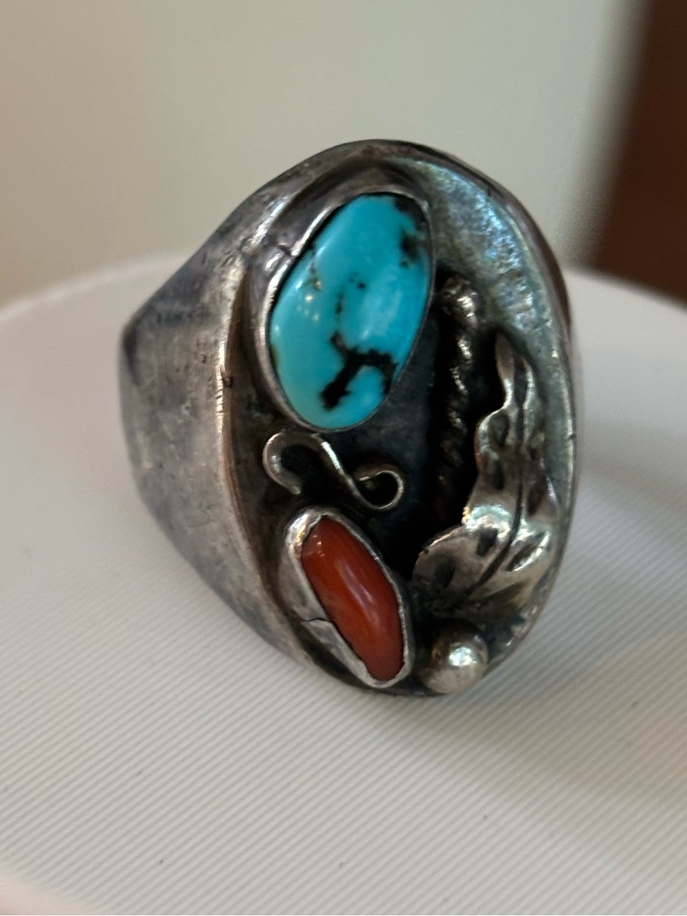 Vintage Sterling Silver Turquoise Coral Ring 10 Southwestern Native Old Pawn 21g - Picture 2 of 10